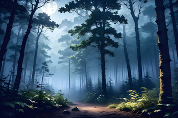 Fototapeta premium Misty Dense Forest Background for a Presentation, Moonlight Filtering Through Treetops Creating Eerie Atmosphere