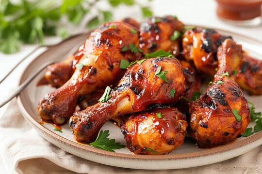 Baked chicken drumsticks with honey and soy sauce and spices, placed in plate, ready to be served. 