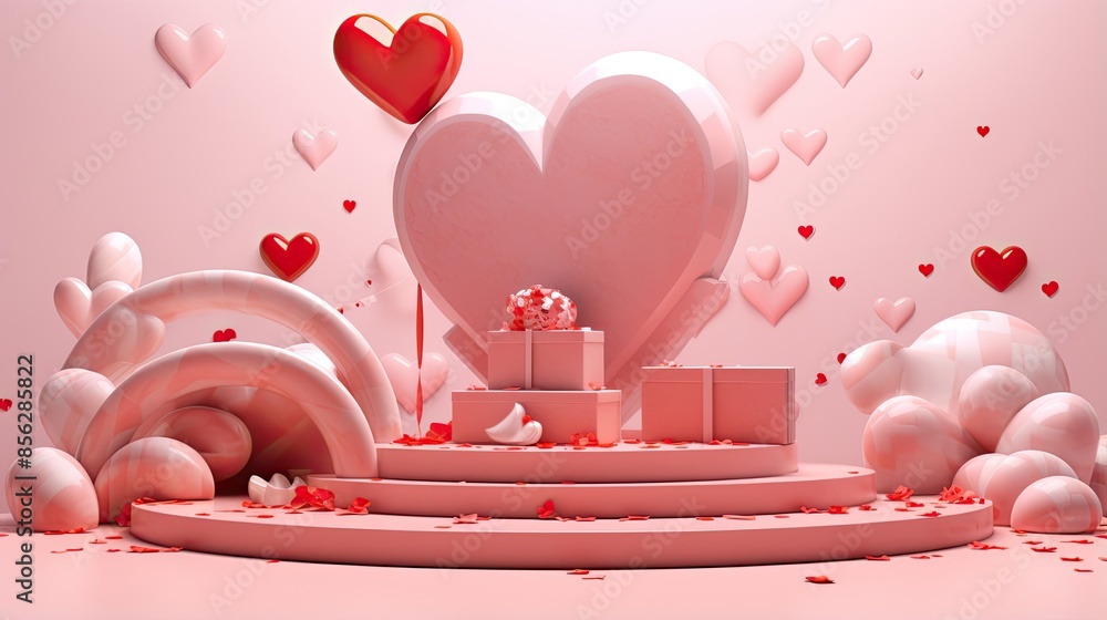 Poster this is a 3d rendering of a pink and red heart-shaped stage with a large pink heart in the backgroun