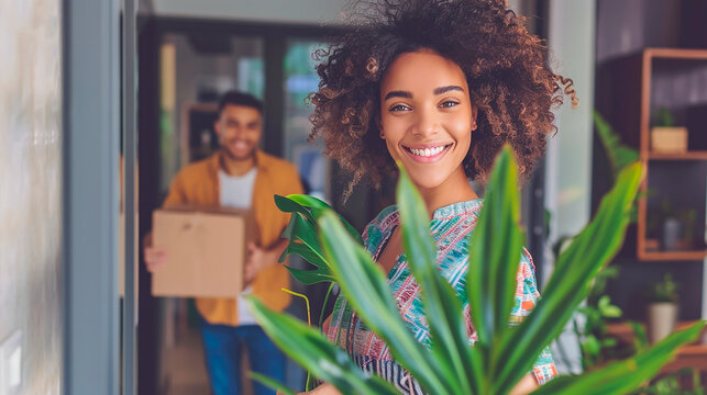Young couple moving into a new home with boxes. Scene is exciting and full of anticipation