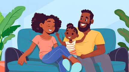 A cartoon illustration of a happy family sitting together on a couch, enjoying quality time