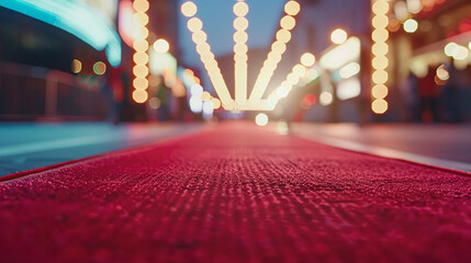 Red Event Carpet. Concept of Success and Triumph, luxury party entrance, cinema premiere film festival event award gala ceremony, wealthy rich guests arriving, outdoor decoration elements, summer day