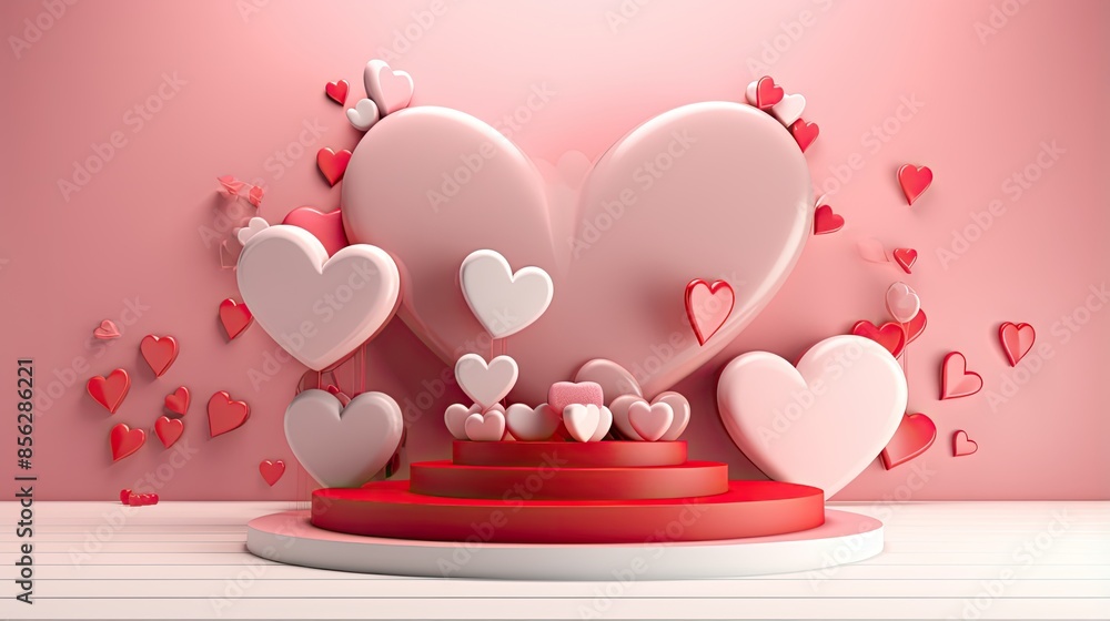 Poster this is a 3d rendering of a pink and red heart-shaped stage with a white backdrop. the stage is deco