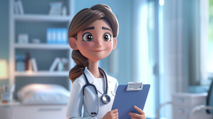 3D illustration of a cartoon nurse standing in a white coat with a stethoscope around her neck