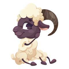 Cartoon sheep with brown horns sitting, white background. Vector illustration