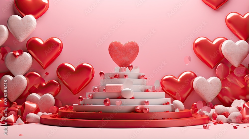 Poster this is a 3d rendering of a pink and red heart-shaped stage with a large red heart in the center.
