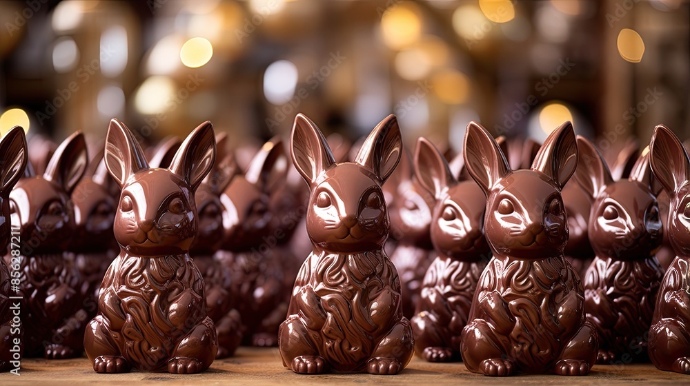 Poster an image of a group of milk chocolate rabbits sitting in a row against an out of focus background of