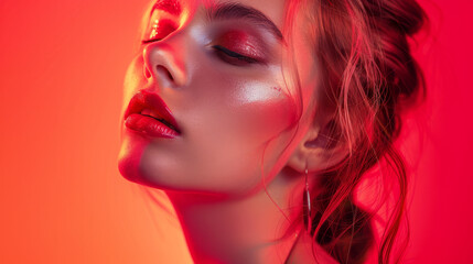 Obraz premium Beautiful female model with vibrant makeup against a red background, striking and glamorous.