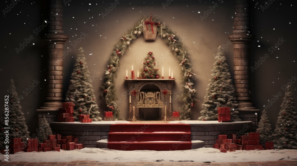 Poster this is a beautiful image of a christmas stage. there is a red carpet leading up to a stage with a f