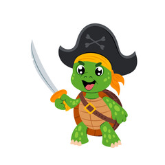 Sea turtle pirate in flat style on a white background. Sea creatures. Cartoon green turtle.