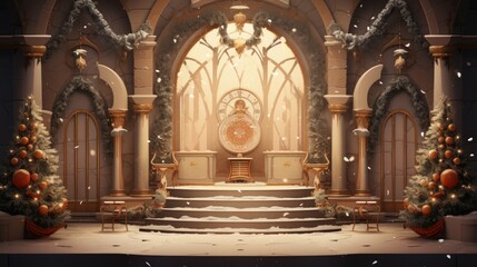 Fototapeta premium The image is a beautiful depiction of a winter wonderland. The snow-covered landscape is dotted with pine trees and decorated with twinkling lights.