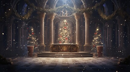Fototapeta premium A beautiful Christmas scene with a decorated Christmas tree in a snowy church.