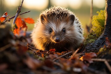 Fototapeta premium Curious hedgehog explores roots in the forest., generative IA