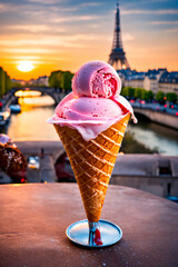 gorgeous artisanal ice cream cornet in Paris, sunset, ice cream like a rose petal