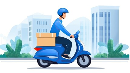 A delivery man riding a scooter. He is wearing a blue uniform and a helmet. He is carrying a box on the back of the scooter.