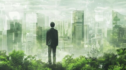 Fototapeta premium Green Urban Dreams A Visionary Businessperson Contemplating a Sustainable Cityscape of Tomorrow in Shades of Green