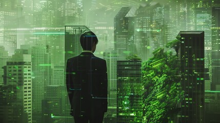 Green Urban Dreams A Visionary Businessperson Contemplating a Sustainable Cityscape of Tomorrow in Shades of Green