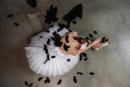 Top view of Ballerina portrays dying swan in the Swan Lake Ballet. Ballet dancer in pointe shoes lies on the floor among black fallen feathers. Talented theater actress. Shadow light interior.