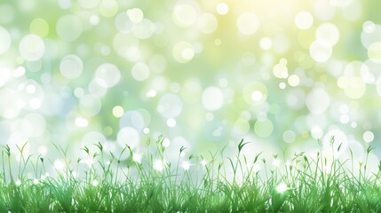 Obraz premium Vibrant green grass covered with dewdrops under a bright sunburst. The background features a dreamy, golden bokeh effect.