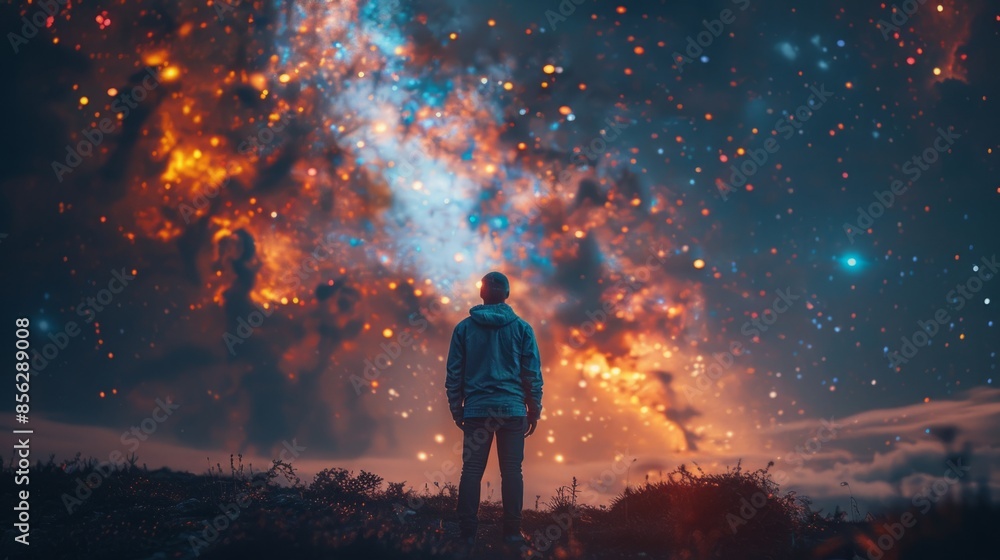 Wall mural a lone person stands in awe as they gaze up at a stunning night sky, illuminated by countless stars 