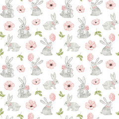 Watercolor hand painted seamless pattern with cute bunny, greenery and pink flowers anemone. Animals and floral background for Easter and Mother's day greeting cards