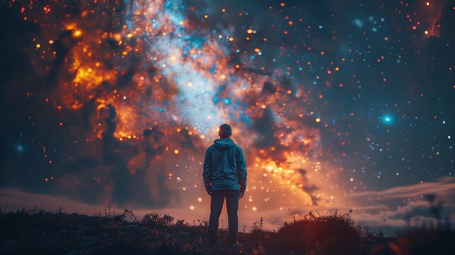 A lone person stands in awe as they gaze up at a stunning night sky, illuminated by countless stars and a shimmering galaxy.