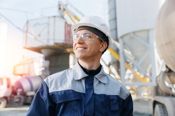 Portrait happy worker of concrete factory, young man in uniform with hard hat on background cement...