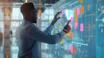 TechSavvy Project Manager Organizing Tasks in Futuristic Office with Virtual Kanban Board and Holographic Displays Innovation and Productivity at its Finest