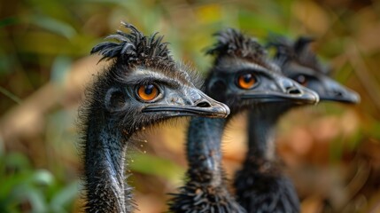 Close-up of Three Emu Heads in Nature