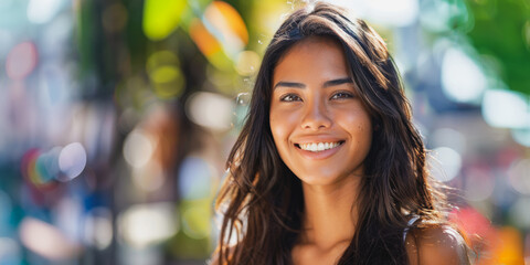 Obraz premium Close-up portrait of a hispanic woman smiling outdoors