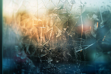 Naklejka premium Close-up of cracked glass with light reflections and a blurred background, creating a delicate and abstract visual effect.