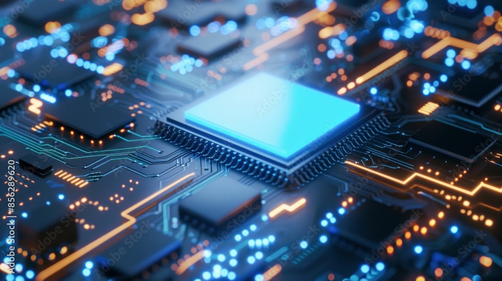 Poster glowing ai chip with circuit board. generative ai