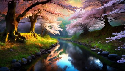 Fototapeta premium sakura forest with river in the middle