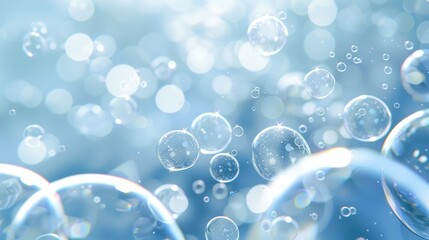 Close-up of shiny bubbles in a soft focus blue background, creating a dreamy and ethereal atmosphere with light reflections and bokeh effects.