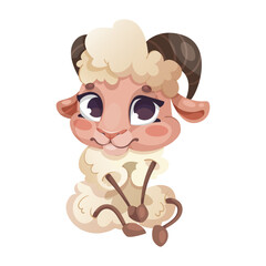 Cute cartoon sheep character with big eyes sitting on a white background. Vector illustration
