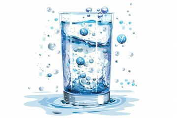 Glass of water with splashing bubbles and reflections