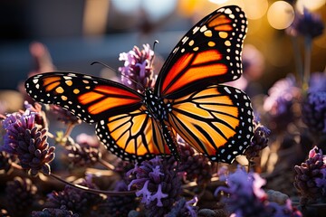 Fototapeta premium Monarch butterfly lands on vibrant lavender flower., generative IA