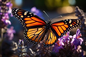 Fototapeta premium Monarch butterfly lands on vibrant lavender flower., generative IA