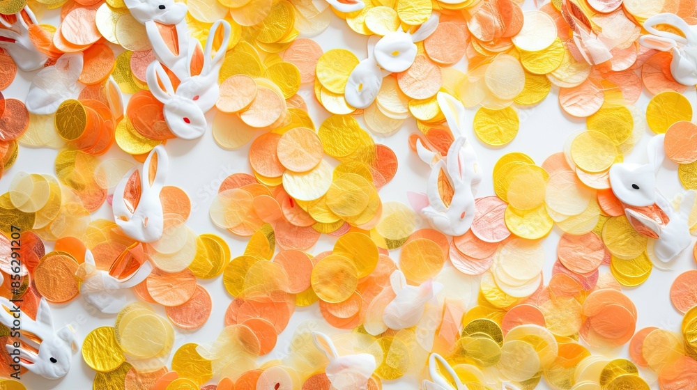 Poster a festive background with a pattern of rabbits and confetti in orange and yellow colors.