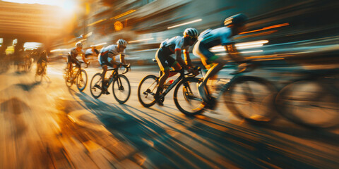 Blurry motion of cyclists racing through city streets at sunset