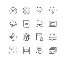 Set of hosting and web graphics related icons, cloud, data exchange, security, networking, infrastructure, database and linear variety vectors.

