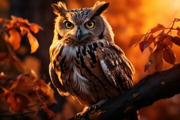 Majestic owl lands at dusk in serene scenario., generative IA
