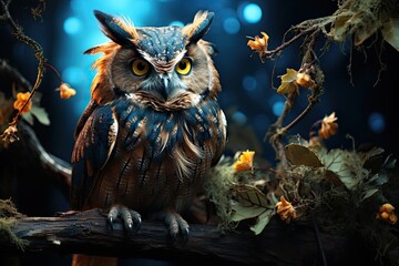 Night owl in mysterious forest under crescent moon., generative IA