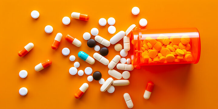 Imagen cenital de un frasco de pastillas con c&aacute;psulas blancas derramadas en un fondo naranja 