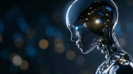 The robot thinks or analyzes. AI Assistant is deliberating on the best course of action. Background with copy space