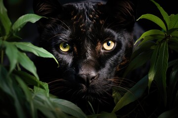 Black Panther emerges in the night jungle, bright eyes, palpable mystery., generative IA