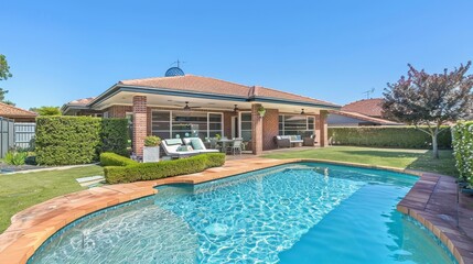 A modern house with a swimming pool in the backyard, surrounded by a well-maintained garden, showcasing a relaxed and luxurious lifestyle on a sunny day.