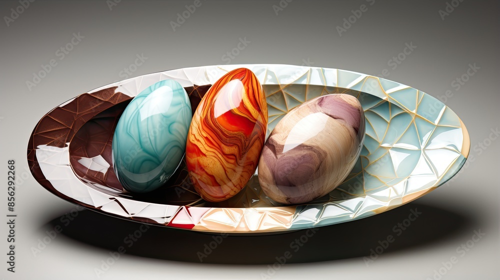 Poster three shiny eggs in different colors sit in a decorative bowl. the eggs are smooth and reflective, a