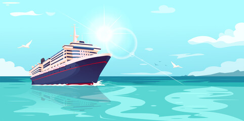 Cruise ship on the ocean with seagulls flying, in a vector illustration style, against a clear sky. Concept of travel and vacation. Vector illustration © GN.STUDIO