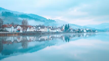 Fototapeta premium Colorful houses reflect on a calm, misty lake, surrounded by snow-capped mountains, creating a peaceful winter scene.